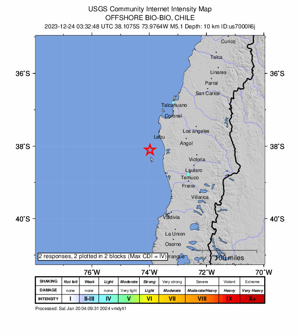 USGS DYFI community-reported intensity map for the M5.1 earthquake near 61 km WSW of Cañete, Chile