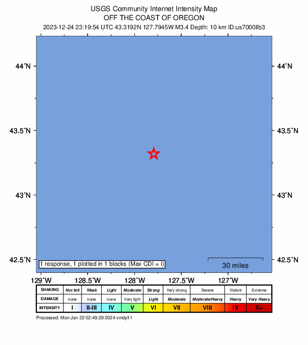 USGS DYFI community-reported intensity map for the M3.4 earthquake near 275 km W of Langlois, Oregon