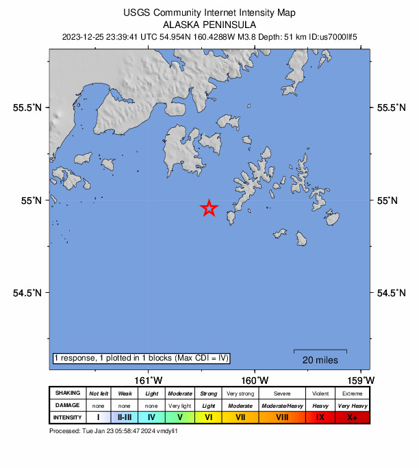 USGS DYFI community-reported intensity map for the M3.8 earthquake near 42 km S of Sand Point, Alaska