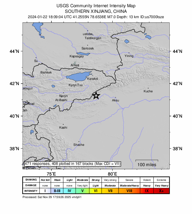 USGS DYFI community-reported intensity map for the M7.0 earthquake near 128 km WNW of Aykol, China
