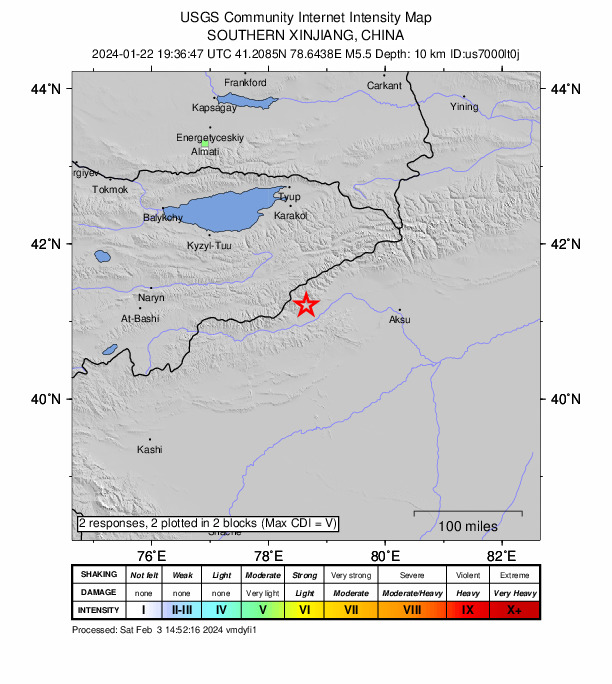 USGS DYFI community-reported intensity map for the M5.5 earthquake near 128 km WNW of Aykol, China