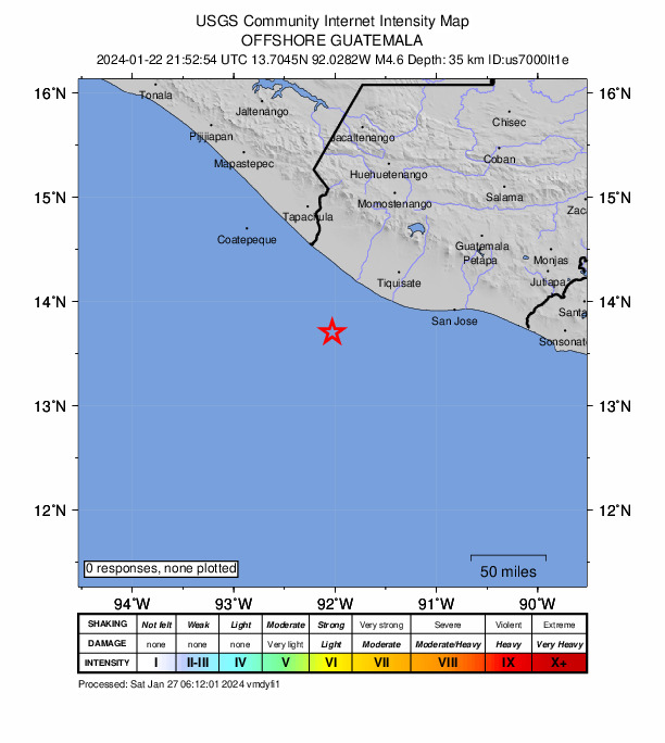 USGS DYFI community-reported intensity map for the M4.6 earthquake near 57 km SSW of Champerico, Guatemala