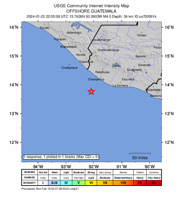 USGS DYFI community-reported intensity map for the M4.5 earthquake near 61 km SSW of Champerico, Guatemala
