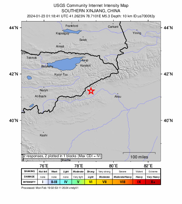 USGS DYFI community-reported intensity map for the M5.3 earthquake near 119 km WNW of Aykol, China