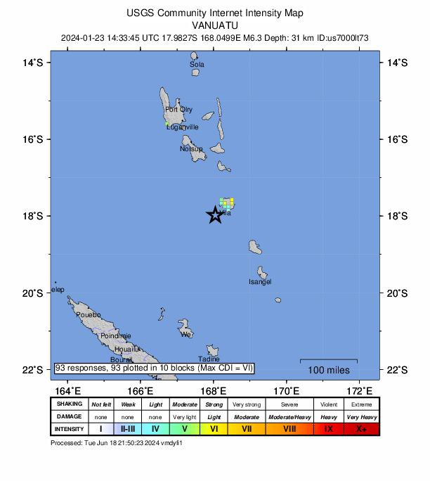 USGS DYFI community-reported intensity map for the M6.3 earthquake near 39 km SW of Port-Vila, Vanuatu