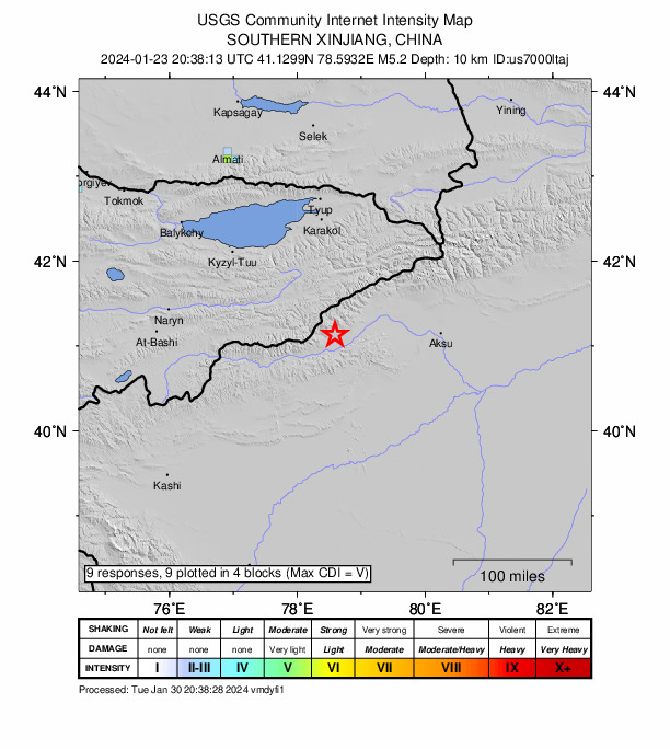 USGS DYFI community-reported intensity map for the M5.2 earthquake near 131 km W of Aykol, China