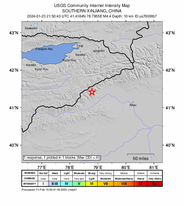USGS DYFI community-reported intensity map for the M4.4 earthquake near 119 km SSE of Kyzyl-Suu, Kyrgyzstan