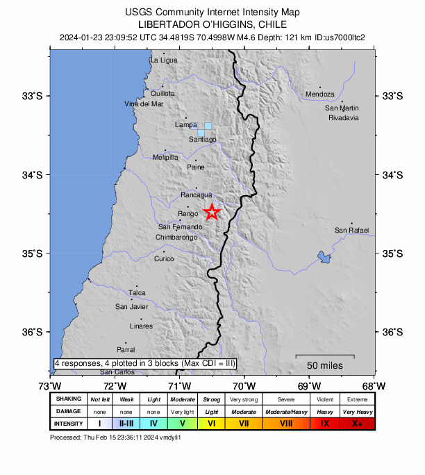 USGS DYFI community-reported intensity map for the M4.6 earthquake near 34 km ESE of Rengo, Chile