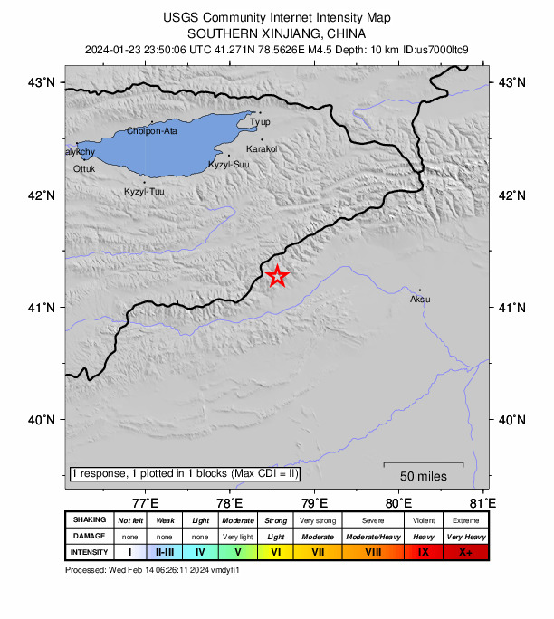 USGS DYFI community-reported intensity map for the M4.5 earthquake near 127 km SSE of Kyzyl-Suu, Kyrgyzstan