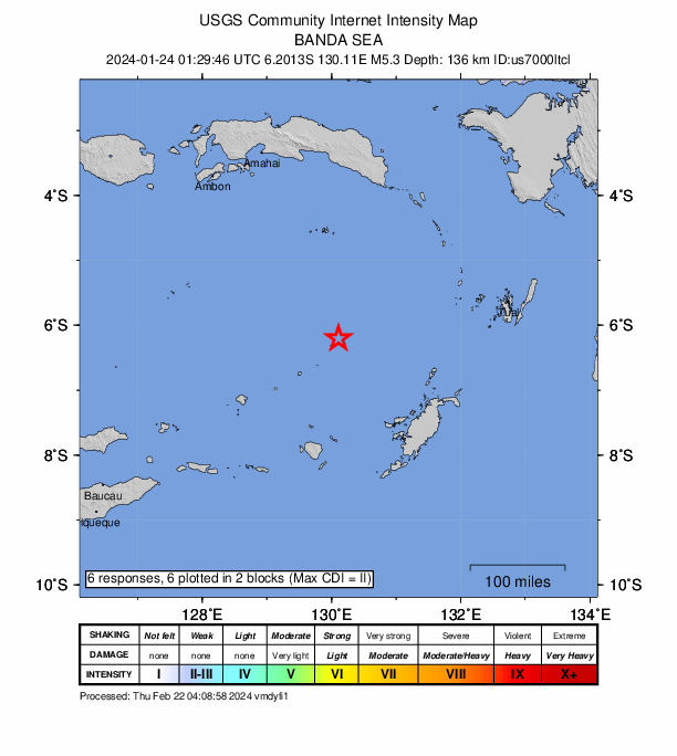 USGS DYFI community-reported intensity map for the M5.3 earthquake near 299 km WSW of Tual, Indonesia