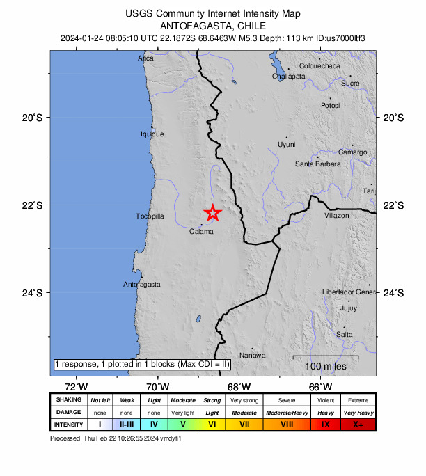 USGS DYFI community-reported intensity map for the M5.3 earthquake near 41 km NE of Calama, Chile