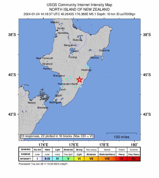 USGS DYFI community-reported intensity map for the M5.1 earthquake near 25 km ESE of Dannevirke, New Zealand