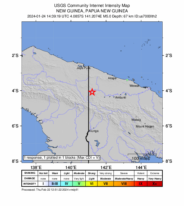 USGS DYFI community-reported intensity map for the M5.0 earthquake near 155 km S of Vanimo, Papua New Guinea