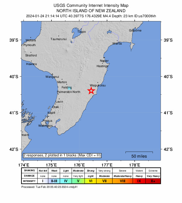 USGS DYFI community-reported intensity map for the M4.4 earthquake near 35 km SE of Dannevirke, New Zealand