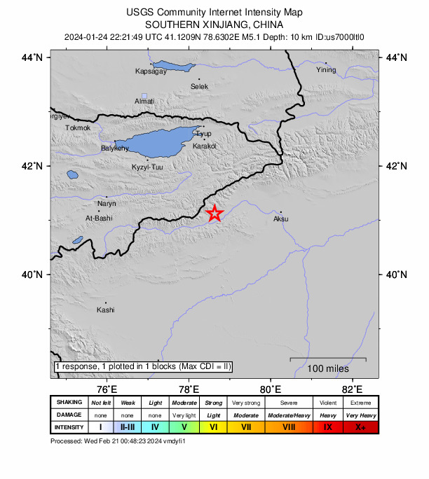 USGS DYFI community-reported intensity map for the M5.1 earthquake near 127 km W of Aykol, China