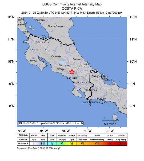 USGS DYFI community-reported intensity map for the M4.4 earthquake near 18 km N of San Isidro, Costa Rica