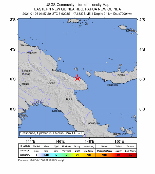 USGS DYFI community-reported intensity map for the M5.1 earthquake near 91 km NNE of Lae, Papua New Guinea