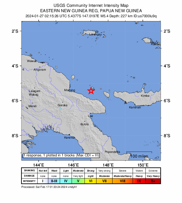 USGS DYFI community-reported intensity map for the M5.4 earthquake near 138 km E of Madang, Papua New Guinea