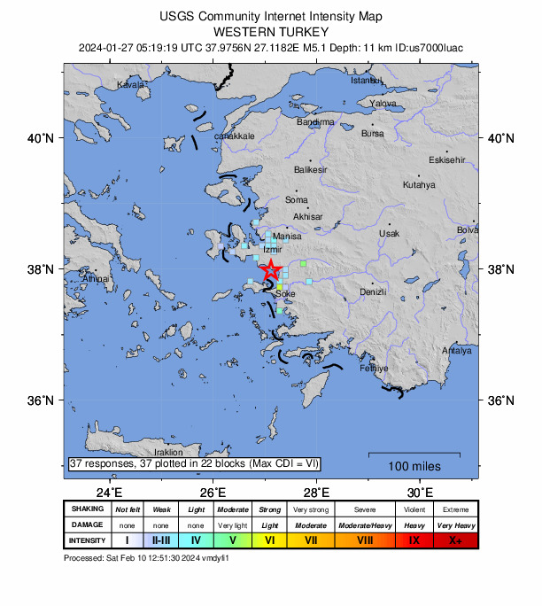 USGS DYFI community-reported intensity map for the M5.1 earthquake near 4 km S of Özdere, Turkey