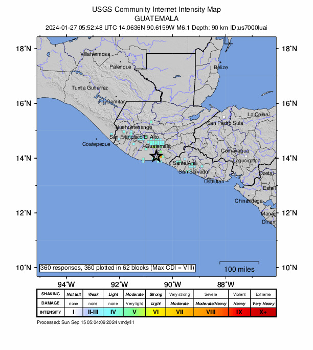 USGS DYFI community-reported intensity map for the M6.1 earthquake near 15 km W of Taxisco, Guatemala