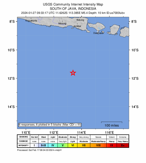 USGS DYFI community-reported intensity map for the M5.4 earthquake near south of Java, Indonesia