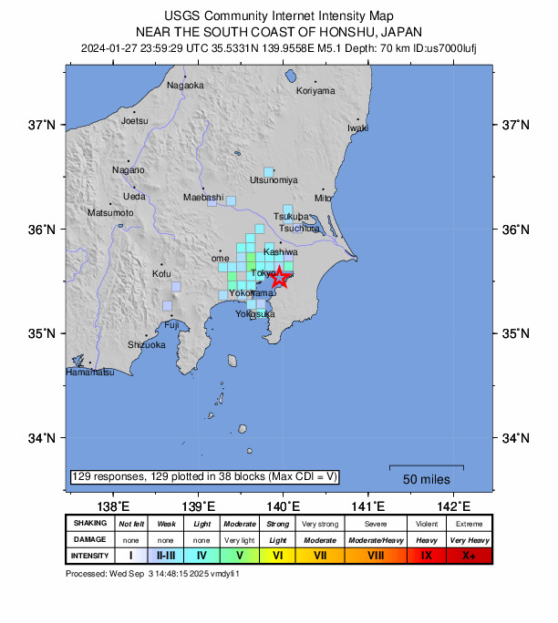 USGS DYFI community-reported intensity map for the M5.1 earthquake near 11 km W of Ichihara, Japan