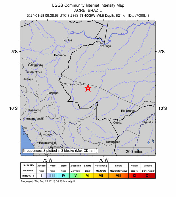 USGS DYFI community-reported intensity map for the M6.5 earthquake near 70 km W of Tarauacá, Brazil