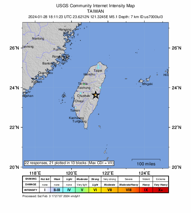 USGS DYFI community-reported intensity map for the M5.1 earthquake near 48 km SW of Hualien City, Taiwan