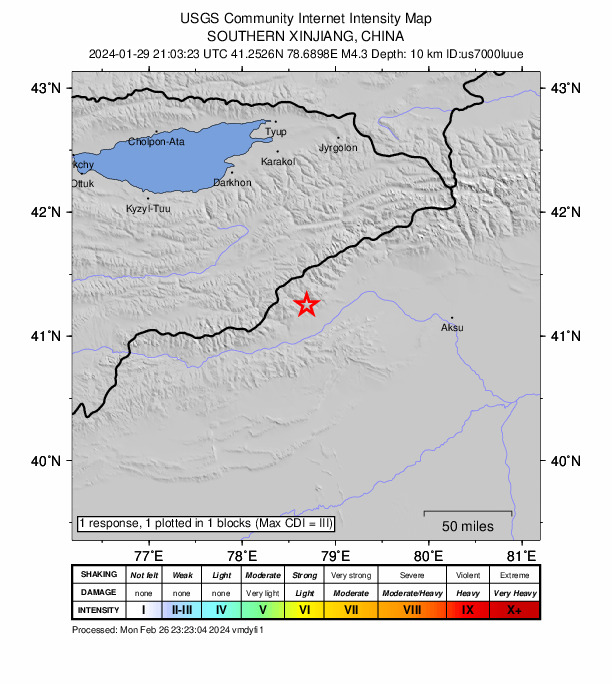 USGS DYFI community-reported intensity map for the M4.3 earthquake near 125 km WNW of Aykol, China