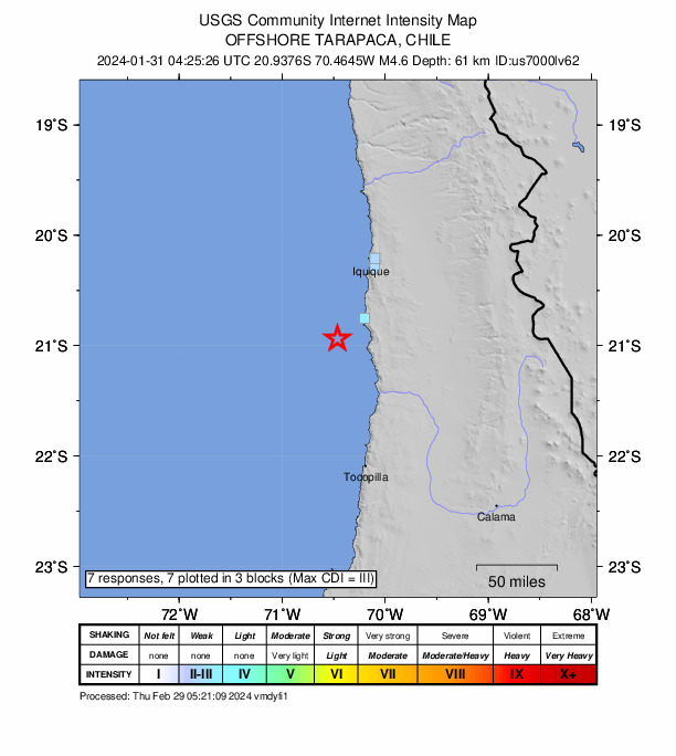 USGS DYFI community-reported intensity map for the M4.6 earthquake near 80 km SSW of La Tirana, Chile