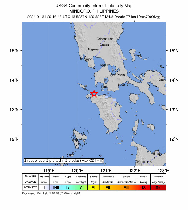 USGS DYFI community-reported intensity map for the M4.8 earthquake near 18 km WNW of Abra de Ilog, Philippines