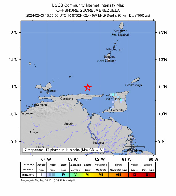 USGS DYFI community-reported intensity map for the M4.9 earthquake near 47 km NNW of Güiria, Venezuela
