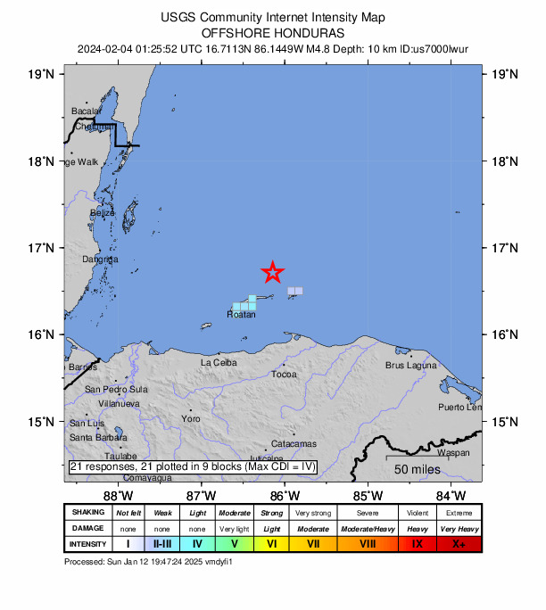 USGS DYFI community-reported intensity map for the M4.8 earthquake near 39 km NW of Guanaja, Honduras