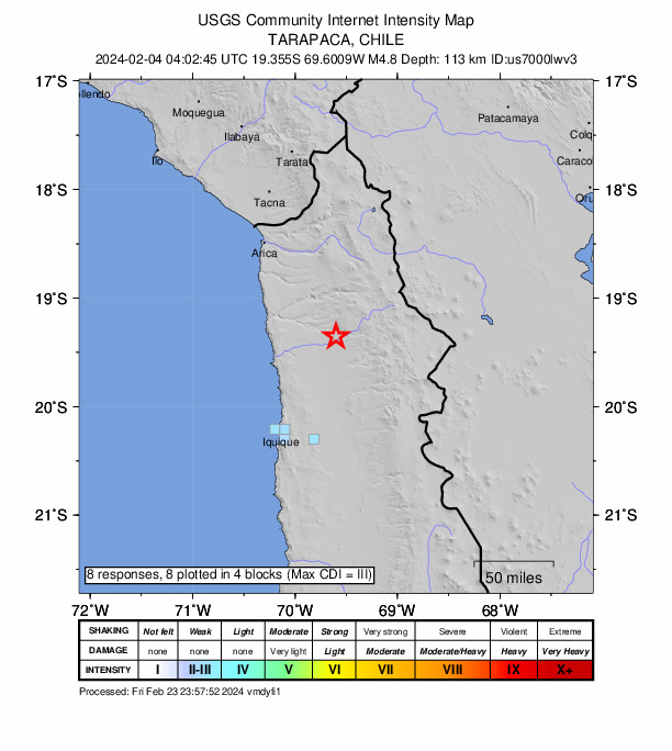 USGS DYFI community-reported intensity map for the M4.8 earthquake near 19 km WSW of Camiña, Chile