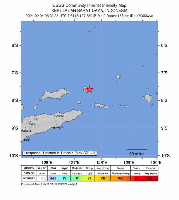 USGS DYFI community-reported intensity map for the M4.9 earthquake near 118 km NNE of Lospalos, Timor Leste