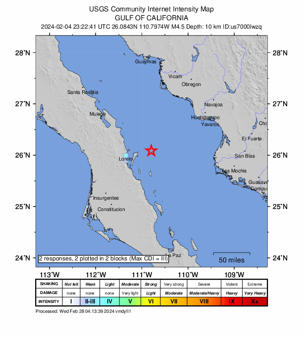 USGS DYFI community-reported intensity map for the M4.7 earthquake near 74 km ENE of Loreto, Mexico