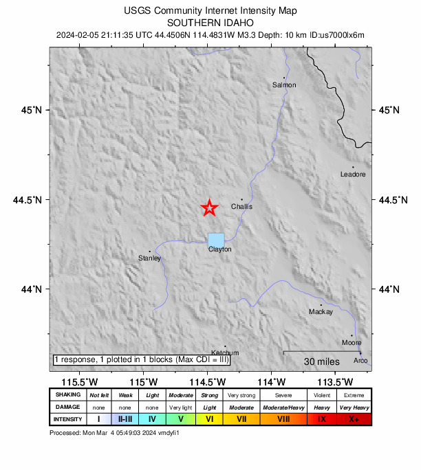 USGS DYFI community-reported intensity map for the M3.3 earthquake near 20 km WSW of Challis, Idaho