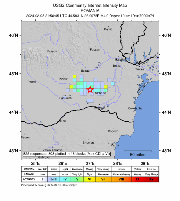 USGS DYFI community-reported intensity map for the M4.0 earthquake near 4 km SSW of Căzăneşti, Romania