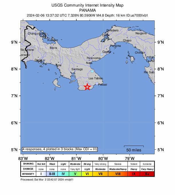 USGS DYFI community-reported intensity map for the M4.8 earthquake near 11 km S of La Tronosa, Panama
