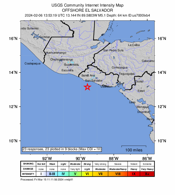 USGS DYFI community-reported intensity map for the M5.1 earthquake near 47 km SW of La Libertad, El Salvador