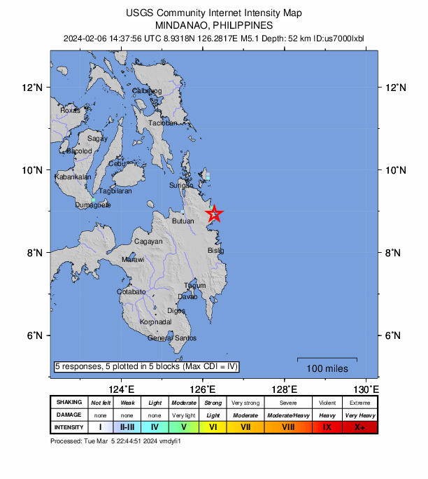 USGS DYFI community-reported intensity map for the M5.1 earthquake near 0 km W of Bacolod, Philippines