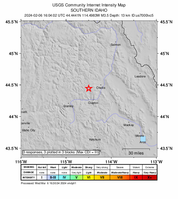 USGS DYFI community-reported intensity map for the M3.5 earthquake near 21 km NNW of Clayton, Idaho
