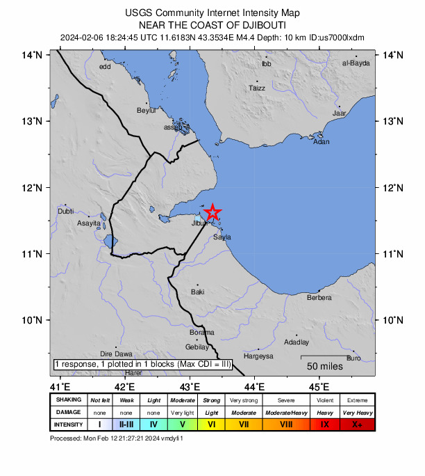 USGS DYFI community-reported intensity map for the M4.4 earthquake near 20 km NNE of Loyada, Djibouti