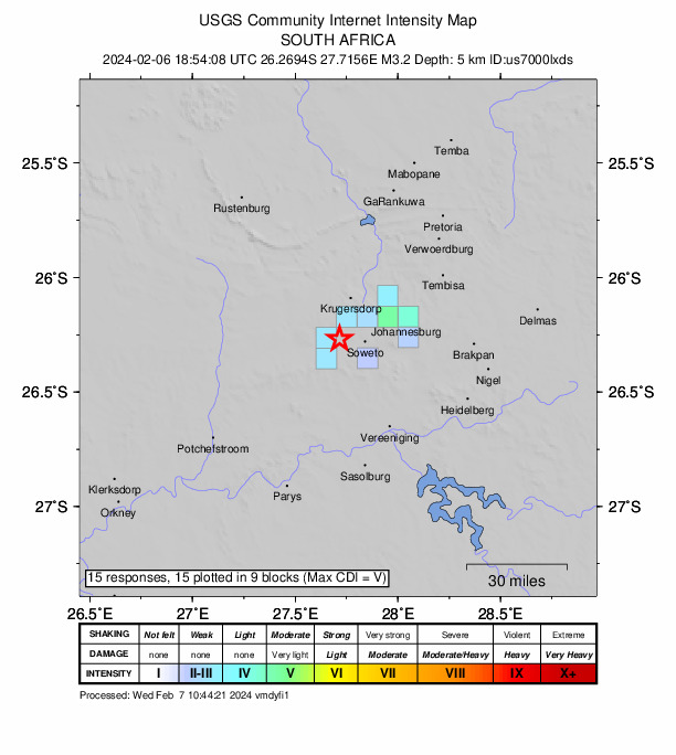 USGS DYFI community-reported intensity map for the M3.2 earthquake near 8 km NE of Westonaria, South Africa