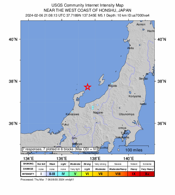 USGS DYFI community-reported intensity map for the M4.9 earthquake near 78 km NE of Anamizu, Japan