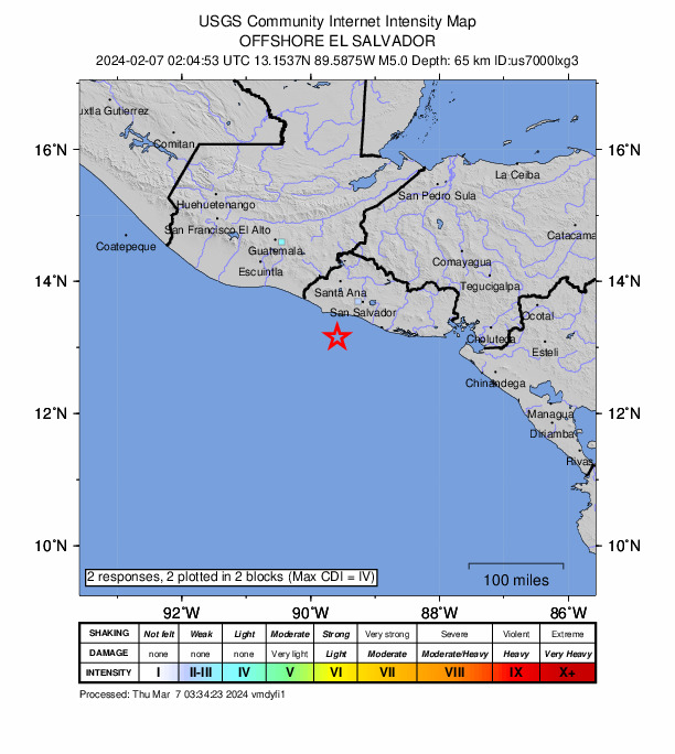 USGS DYFI community-reported intensity map for the M5.0 earthquake near 46 km SW of La Libertad, El Salvador