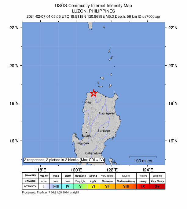 USGS DYFI community-reported intensity map for the M5.4 earthquake near 16 km SW of Claveria, Philippines