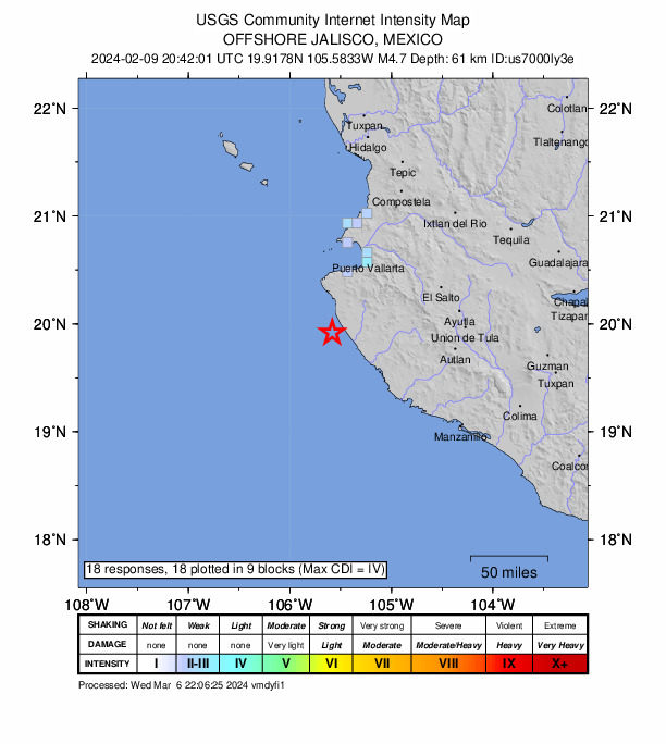 USGS DYFI community-reported intensity map for the M4.9 earthquake near 25 km SW of La Cruz de Loreto, Mexico