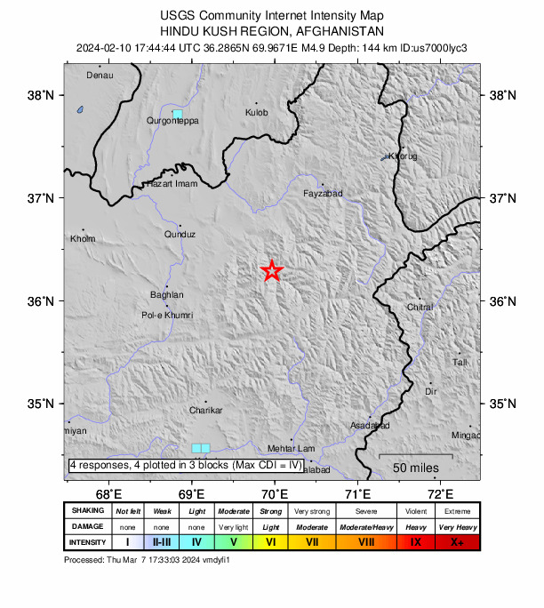 USGS DYFI community-reported intensity map for the M4.9 earthquake near 33 km SSE of Farkhār, Afghanistan