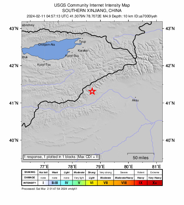 USGS DYFI community-reported intensity map for the M4.9 earthquake near 126 km WNW of Aykol, China